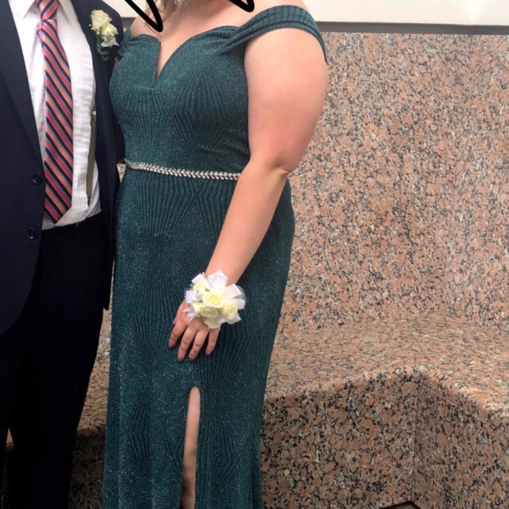 Shimmering green off the shoulder formal gown